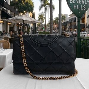 NEW Tory Burch Soft Fleming Black Leather Convertible Shoulder/Crossbody Bag